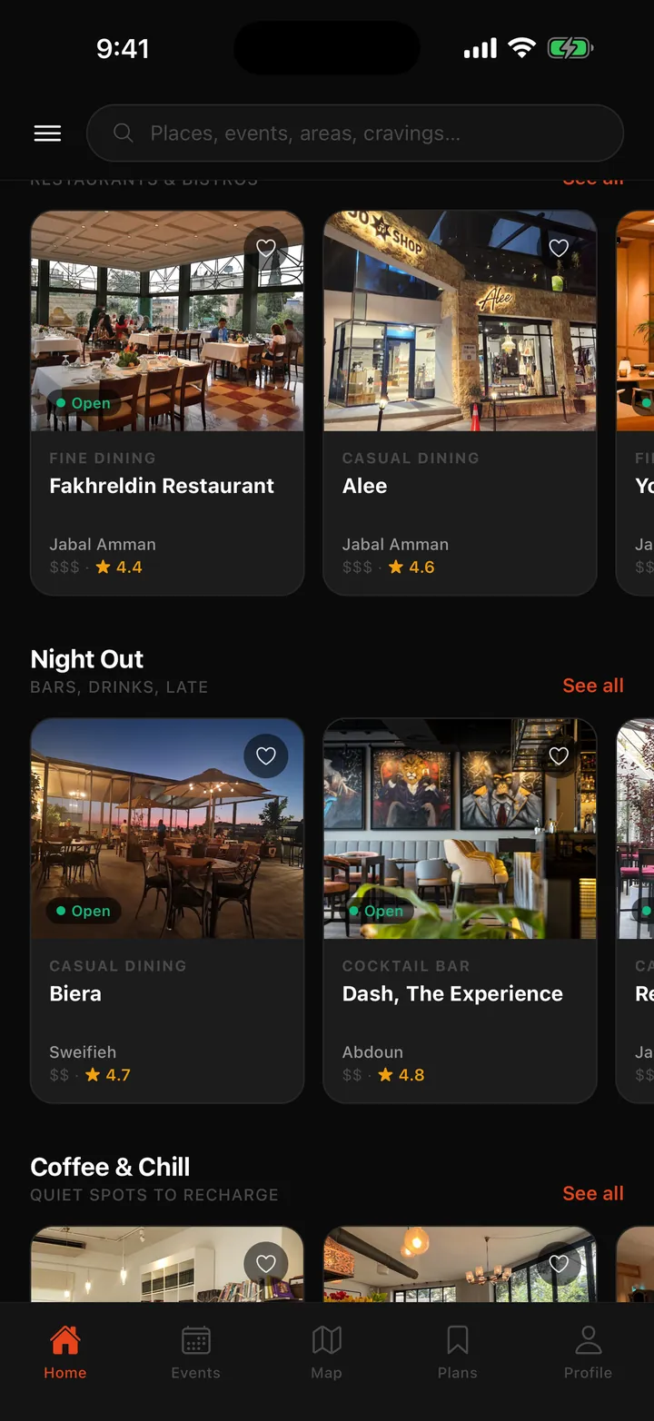 Home rows of restaurants, bars and cafés