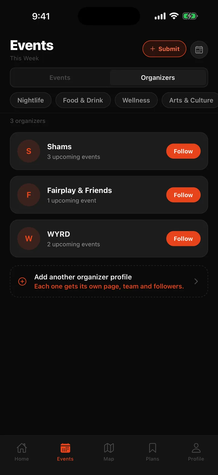 Organizer profiles people can follow