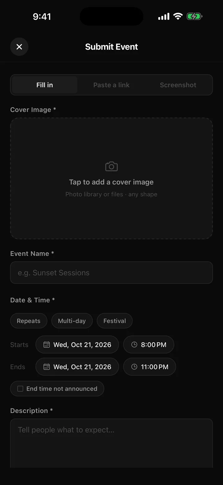 The Submit Event screen: fill in, paste a link, or add a screenshot