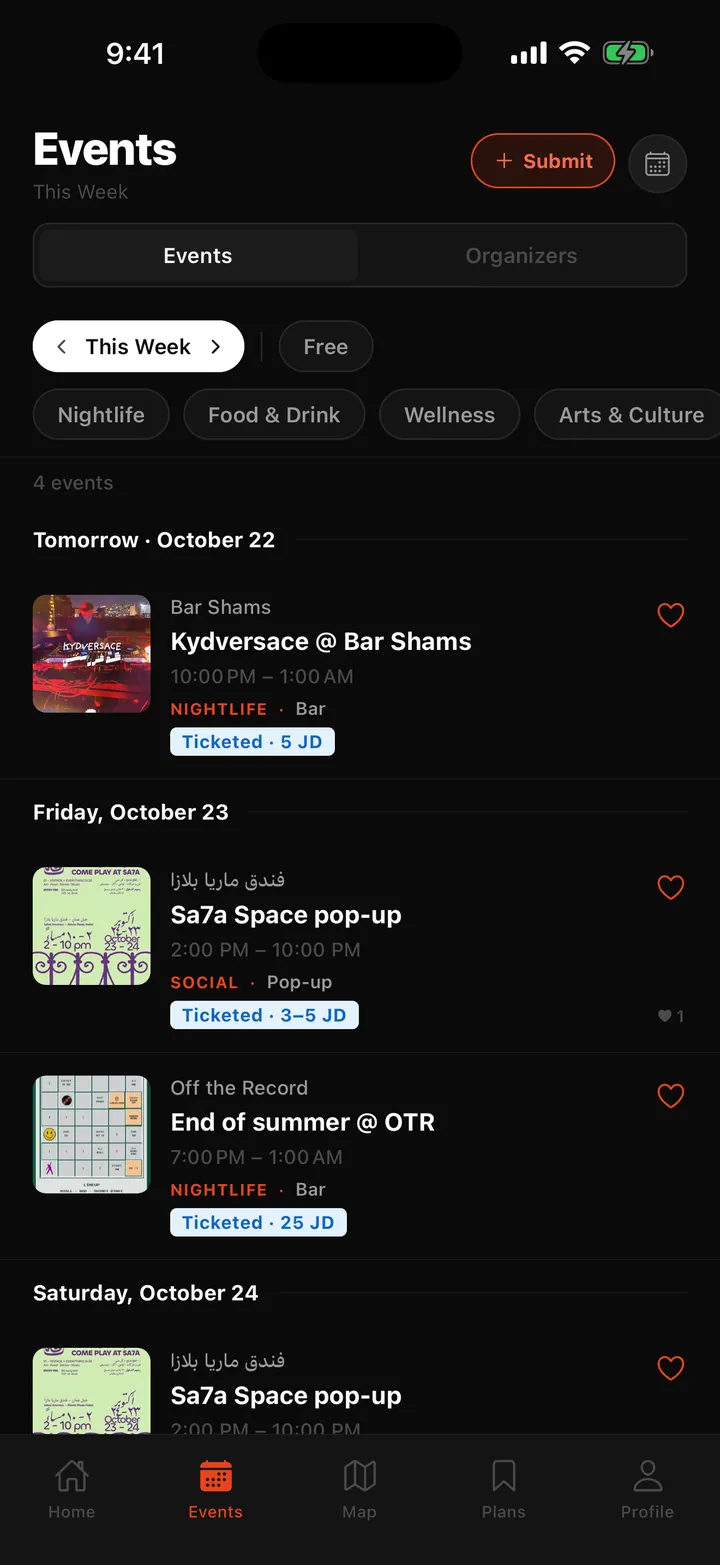 The Events tab with upcoming events listed by date
