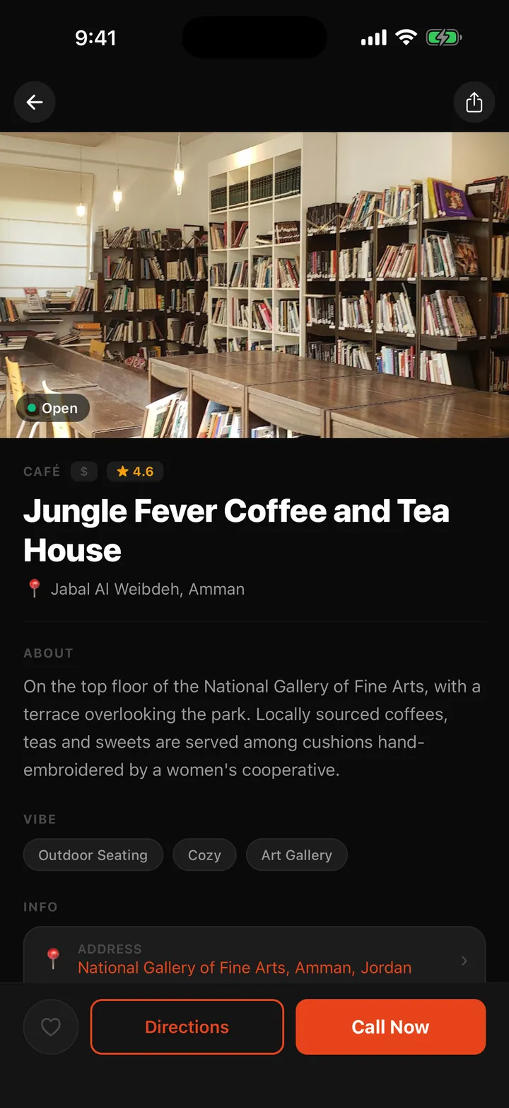A café page with a photo, description and directions